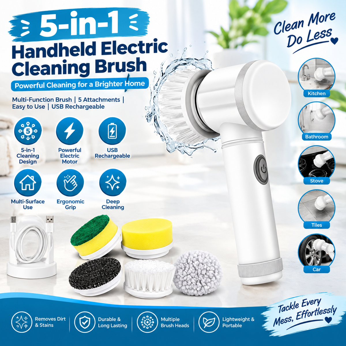 **5-in-1 Electric Cleaning Brush | Cordless Handheld Scrubber for Kitchen, Bathroom & Household Surface Cleaning**