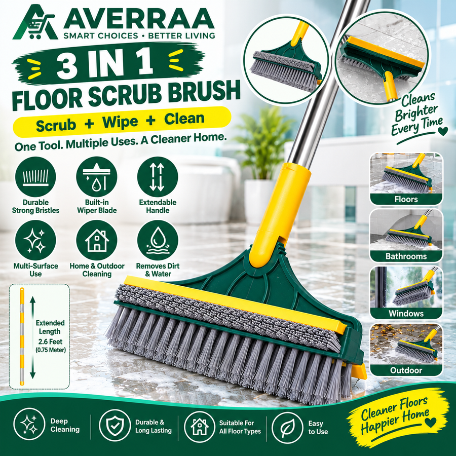 **3-in-1 Wiper Brush | Extendable Floor Cleaning Broom with Strong Bristles & Built-In Wiper Blade | Dual-Purpose Cleaning Tool**