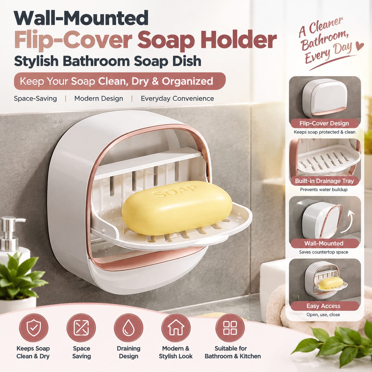 Wall-Mounted Soap Holder with Flip Cover | Stylish Self-Draining Soap Dish for Bathroom & Kitchen