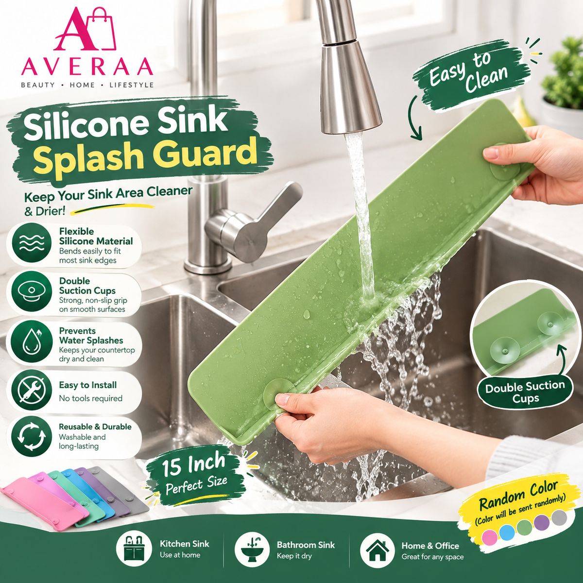 **Silicone Sink Splash Guard – Flexible Water Splash Stopper with Double Suction Cups for Kitchen & Bathroom Sink**