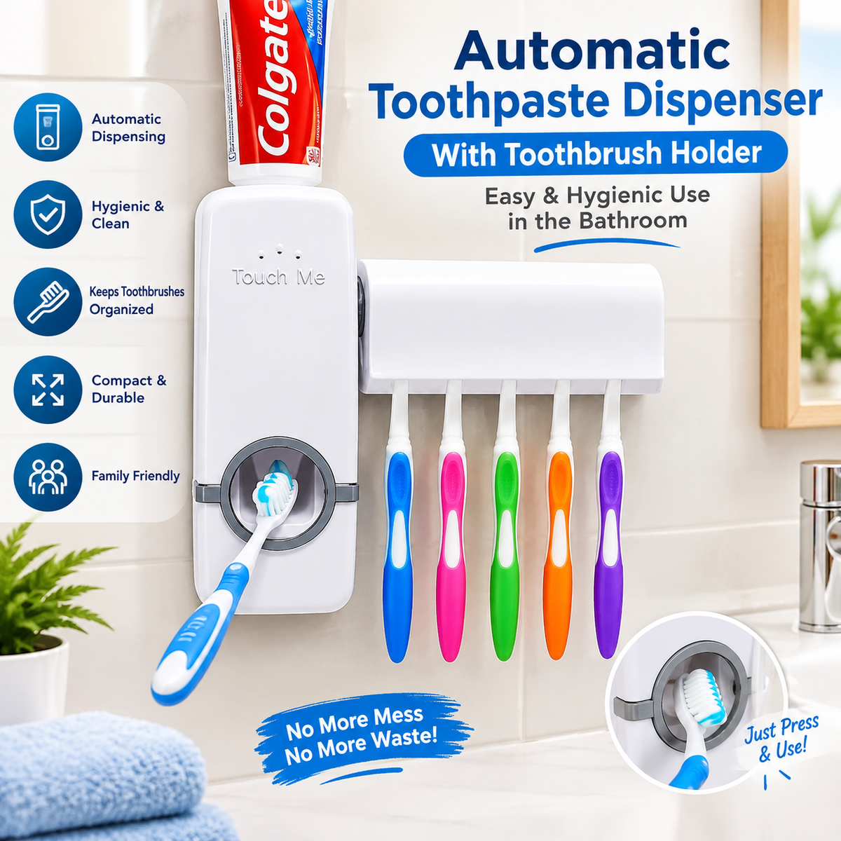**Automatic Toothpaste Dispenser with Toothbrush Holder – Hands-Free Bathroom Organizer for Easy & Hygienic Use**