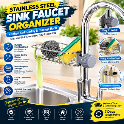 Stainless Steel Sink Organizer | Faucet-Mounted Kitchen Sink Caddy & Sponge Holder | Space-Saving Storage Rack for Kitchen Accessories