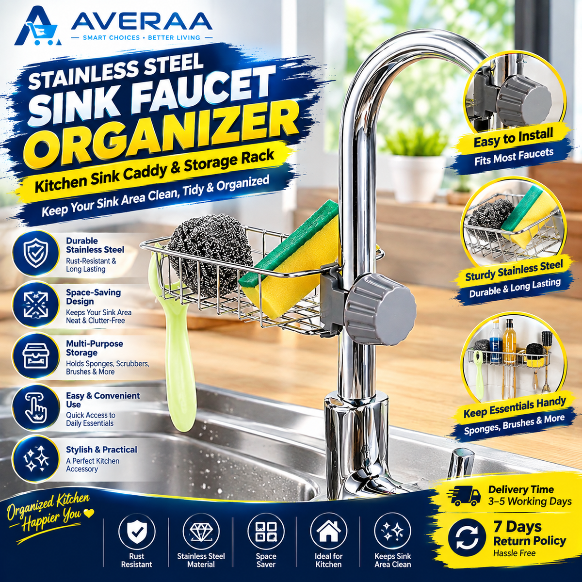 Stainless Steel Sink Organizer | Faucet-Mounted Kitchen Sink Caddy & Sponge Holder | Space-Saving Storage Rack for Kitchen Accessories