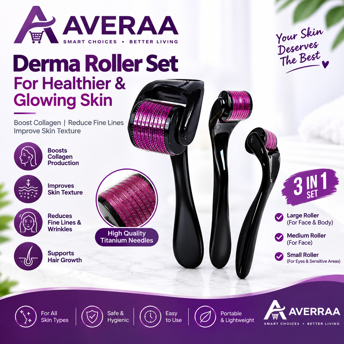 **Derma Roller Set 3-in-1 | Titanium Microneedle Skin Roller for Face & Body | Easy At-Home Skincare Tool**